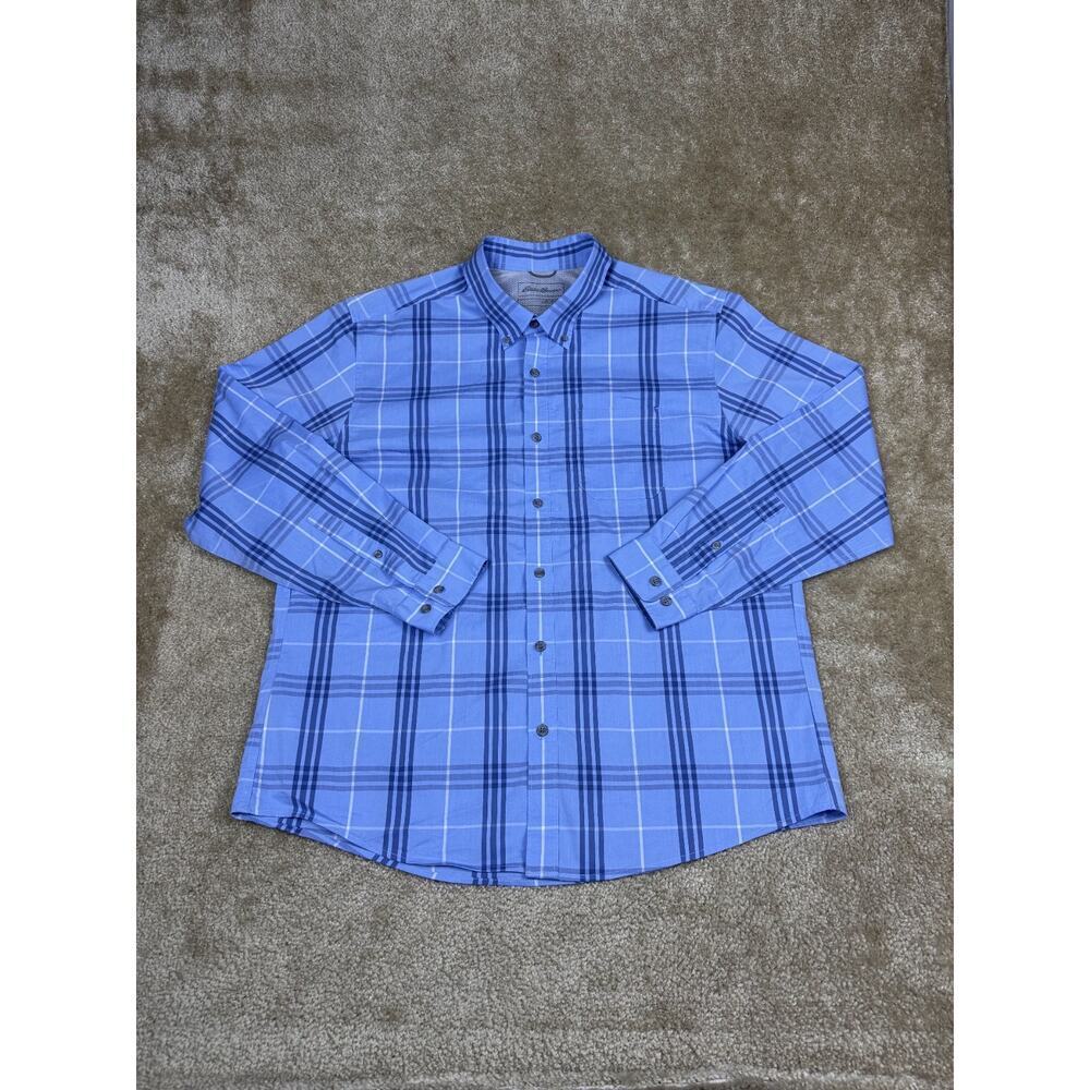 Mens Eddie Bauer Blue Plaid Hiking Button Up Shirt Outdoor - XL B278